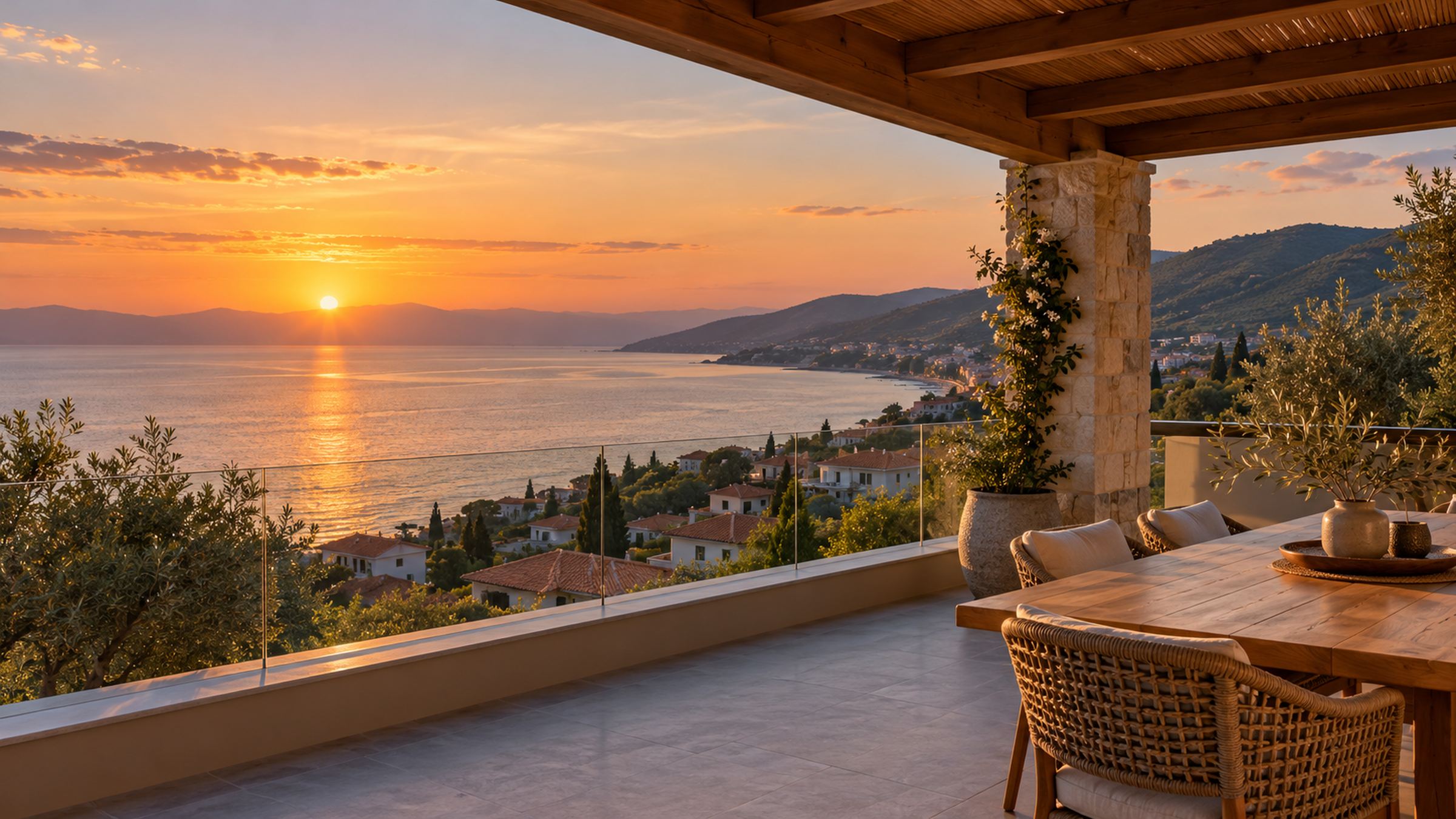 Gün batımında Mudanya kıyısına bakan teras