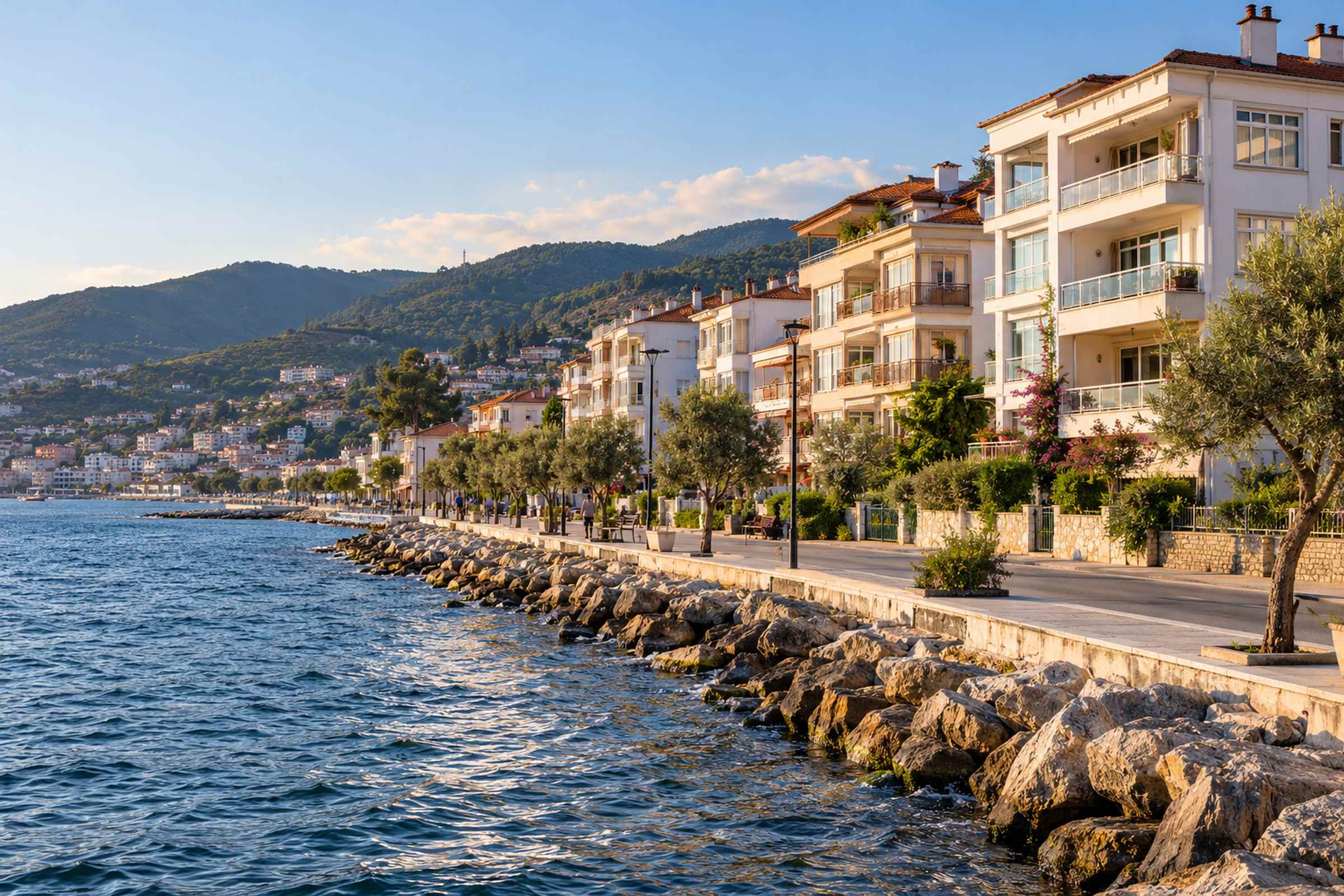 Ömerbey sahil yolu ve deniz kıyısındaki binalar