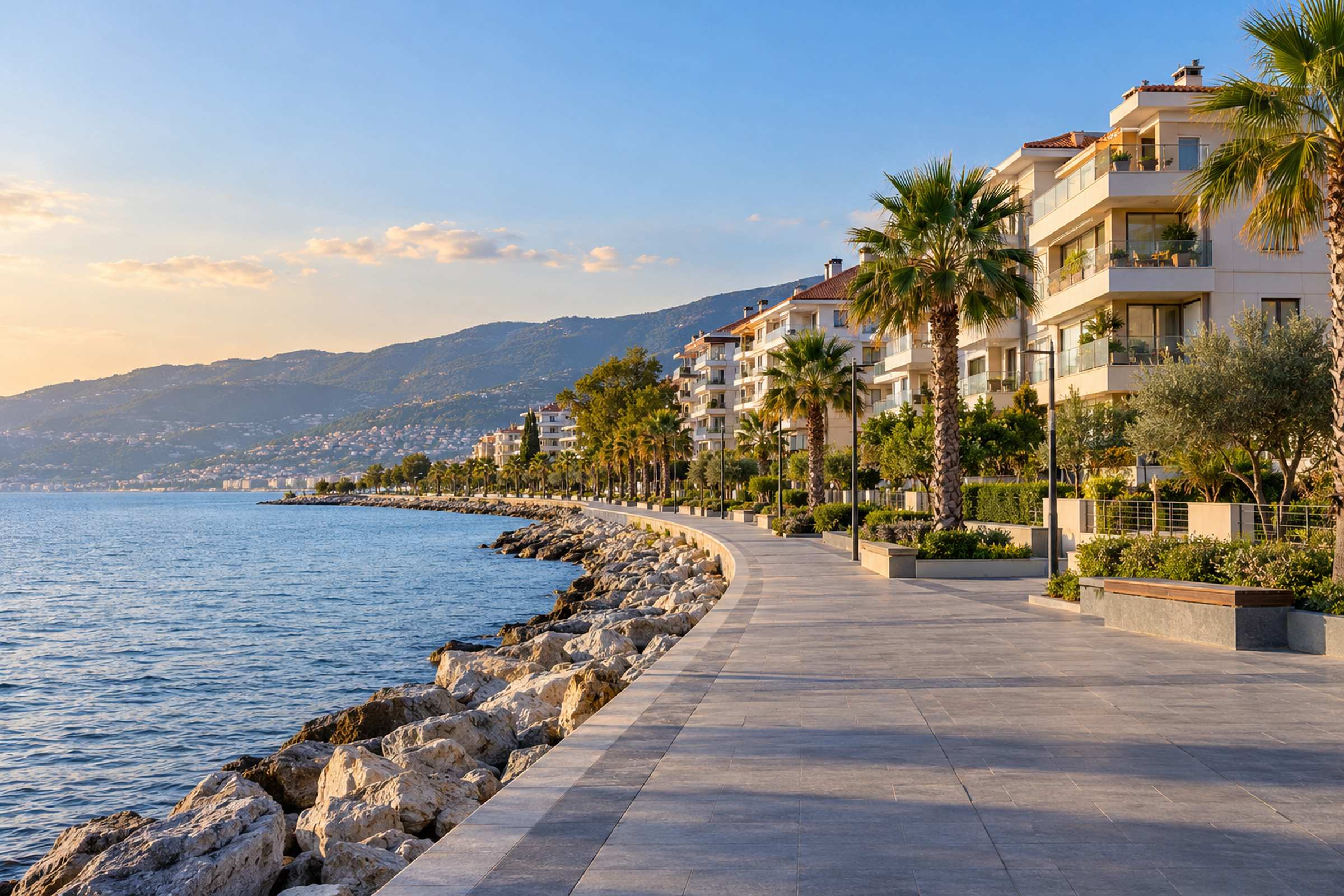 Güzelyalı sahil yürüyüş yolu ve deniz kıyısındaki apartmanlar